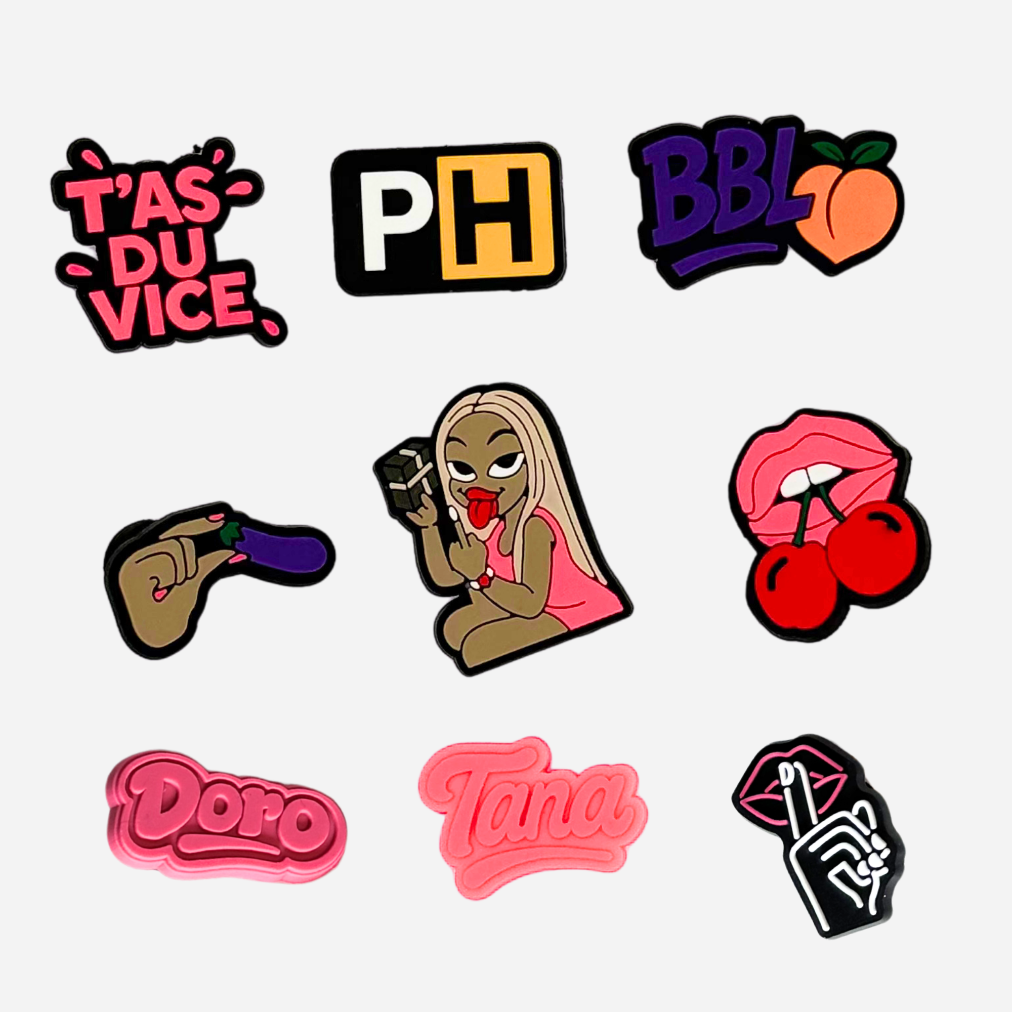 charms pour crocs tana, t'as du vice, ph, bbl, doro, bouche sexy
